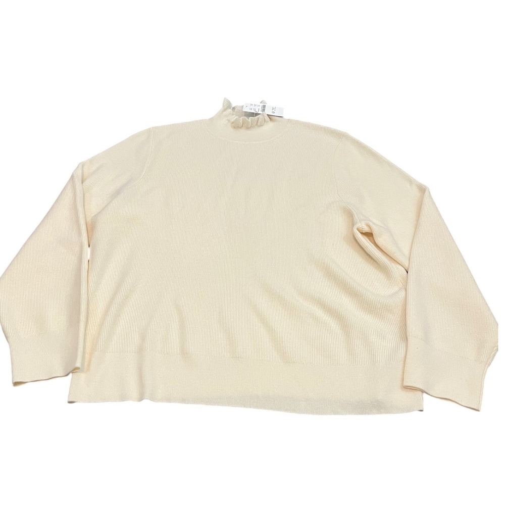 NWT J.Crew Sweater Womens 2X Ivory Ruffle Neck Merino Wool BJ571 Ribbed Pullover